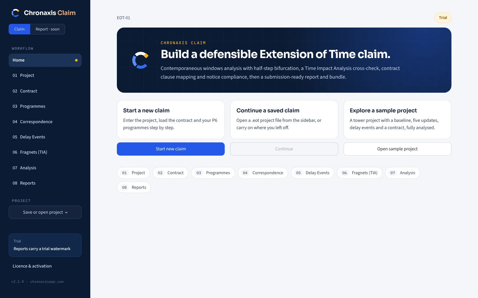 Chronaxis Claim home screen with options to start a new claim, continue a saved claim or open a sample project